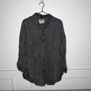 Flax 100% Linen Tunic Long Sleeved Button-Down Striped Lagenlook Womens Small